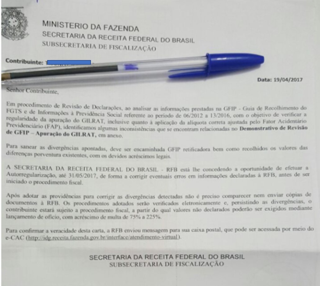 Notificação da RFB alertando para o RAT errado